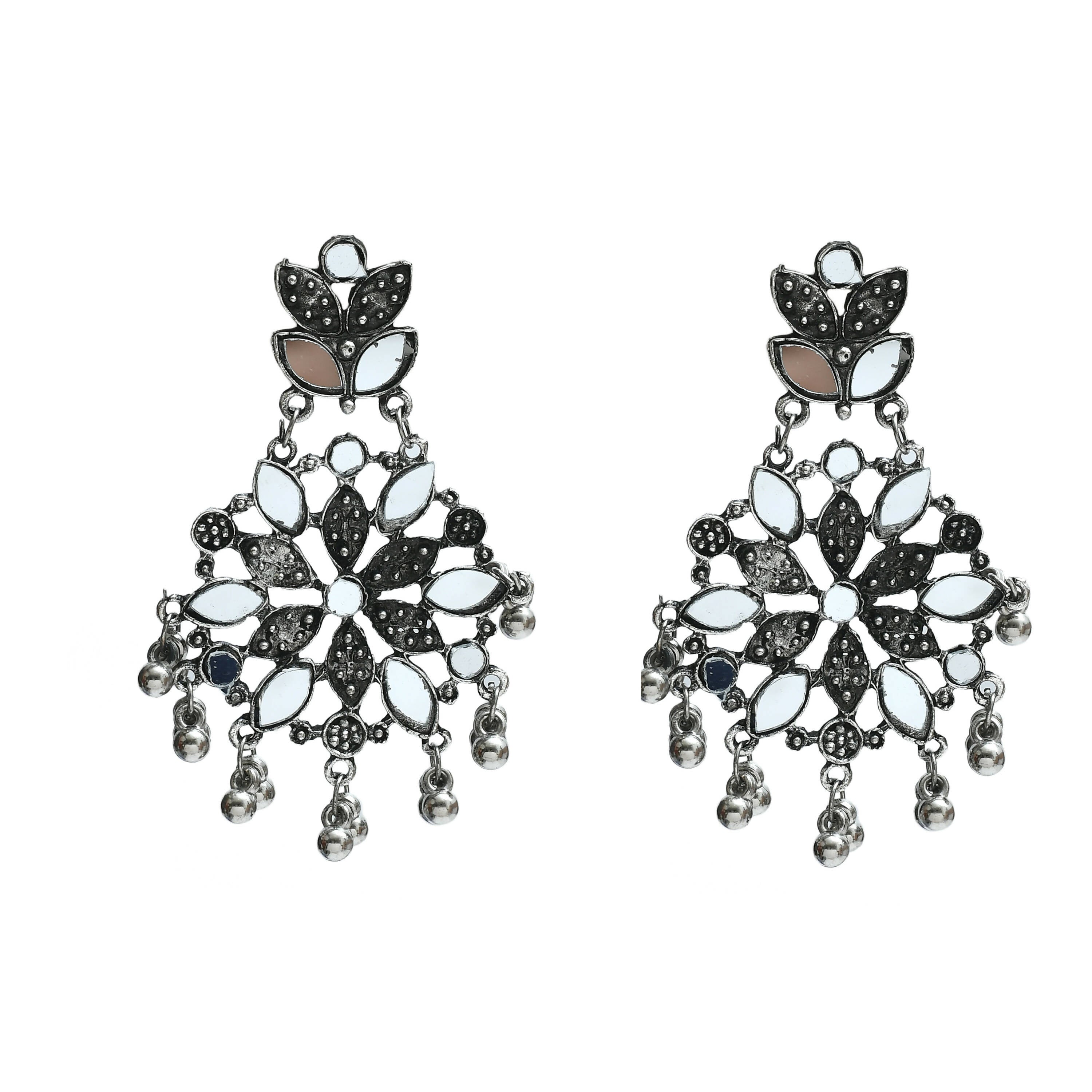 Mominos Fashion Johar Kamal Oxidised Silver-Plated Mirror Work Long Necklace Set - Distacart