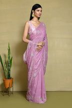 Pink Crepe Silk Sequence Embroidered with Stone work Saree - Nimaya Benzy