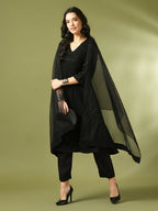 Myshka Women's Black Embroidered Cotton A-Line Party Kurta Set With Dupatta