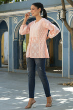 Juniper Women's Peach Cambric Placement Floral Printed Tunic - Distacart