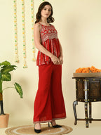 Myshka Women's Red Georgette Top With Palazzos Party Sets