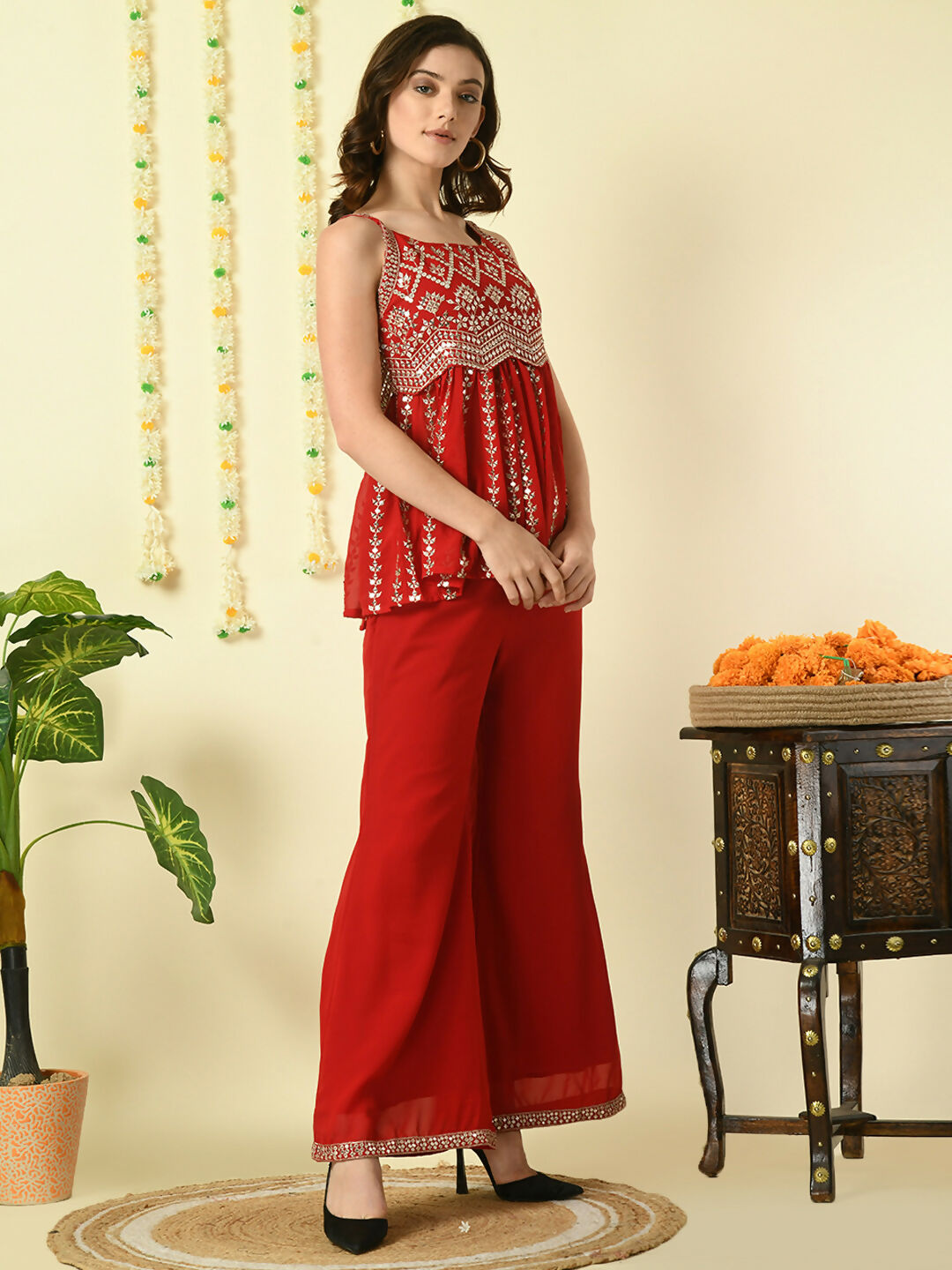 Myshka Women's Red Georgette Top With Palazzos Party Sets