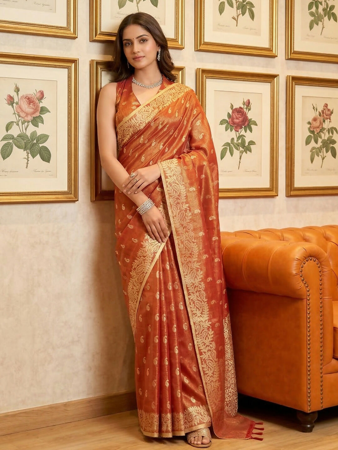 Shree Shyam Fashion Rust Tissue Silk Saree - Distacart