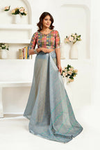 Joban Fashion Grey  Striped Linen Ready To Wear Saree With Unstitched Blouse - Distacart