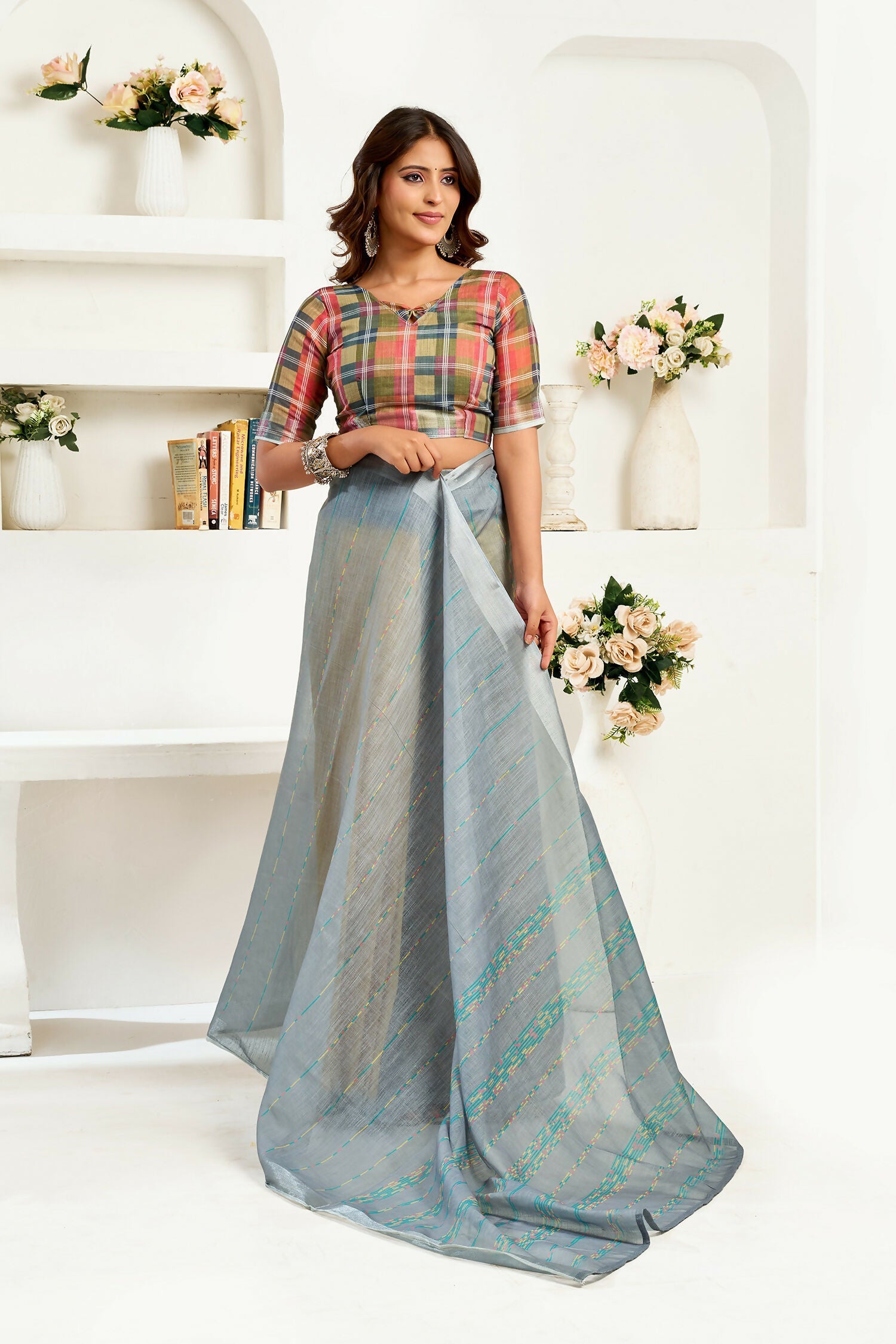 Joban Fashion Grey  Striped Linen Ready To Wear Saree With Unstitched Blouse - Distacart
