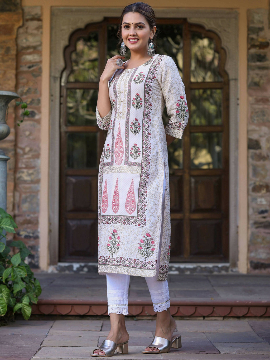 Juniper Women's Pink Viscose Shantoon Festive Printed Straight Kurta - Distacart