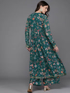 Ahalyaa Women Floral Printed Angrakha Kurta with Palazzos - Green Color