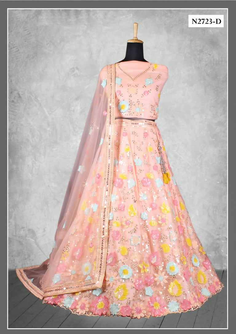 Peach Net Thread With Sequence Work Lahenga Choli - Nimaya Ishani