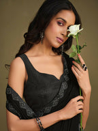 Black Crepe Silk Sequence Embroidered & Stone Work With Sequence Work Jacket Saree With Stitched Blouse - Mohmanthan La Belle