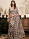 Joban Fashion Beige Checked Linen Ready To Wear Saree With Unstitched Blouse - Distacart