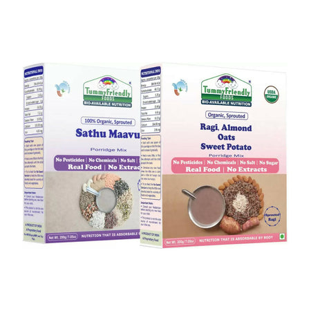 TummyFriendly Foods Organic Sathu Maavu, and Sprouted Ragi, Oats, Red Lentil, Banana Porridge Mixes
