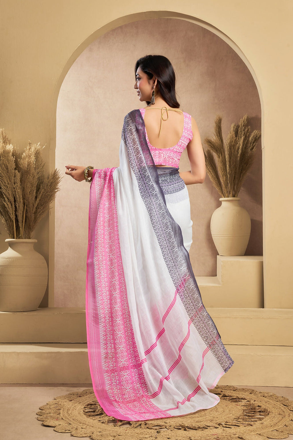 Vastranavya White Digital Printed Linen Ready To Wear Designer Saree with Unstitched Blouse - Distacart