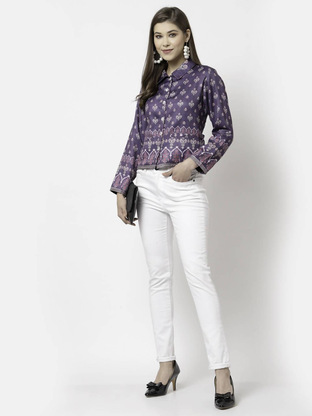 Myshka Women Purple Cotton Blend Printed Full Sleeve Shirt Collar Casual Jacket