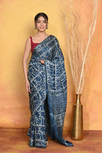 Very Much Indian Modal Silk Ajrakh Handblock Printed Natural Dyes Sleek Border Saree - Powder Blue