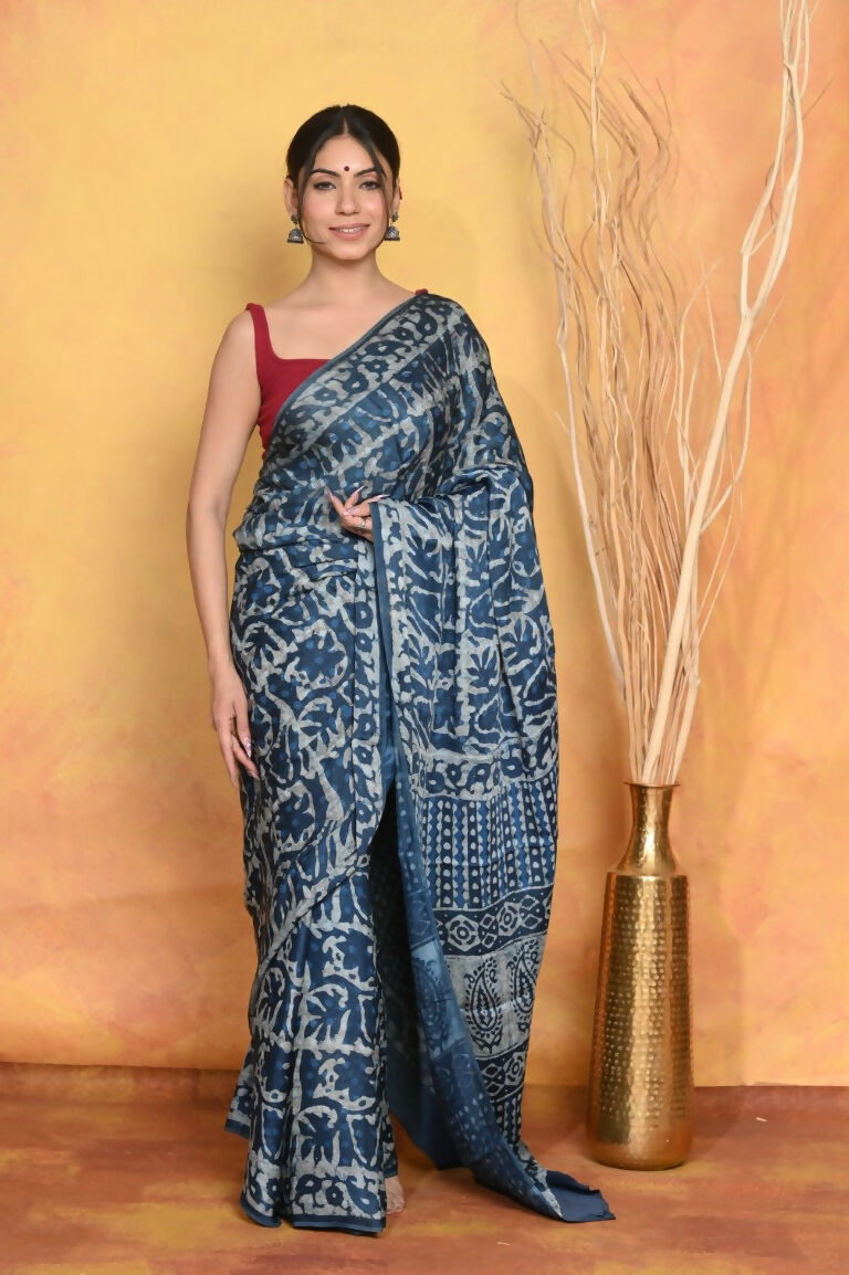 Very Much Indian Modal Silk Ajrakh Handblock Printed Natural Dyes Sleek Border Saree - Powder Blue