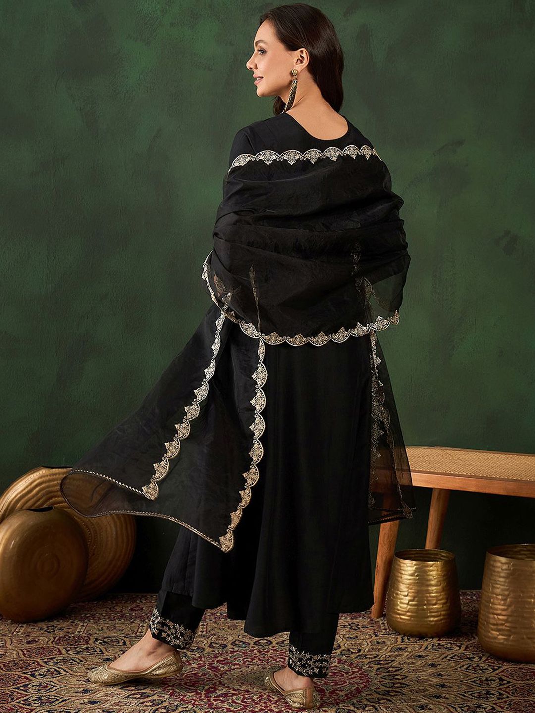 Sangria Black Floral Embroidered Round Neck Zari A-Line Kurta With Trouser & Dupatta - Distacart
