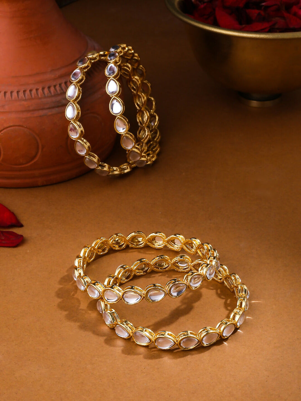 NVR Women's Set of 2 Gold-Plated Kundan Studded Traditional Bangles - Distacart