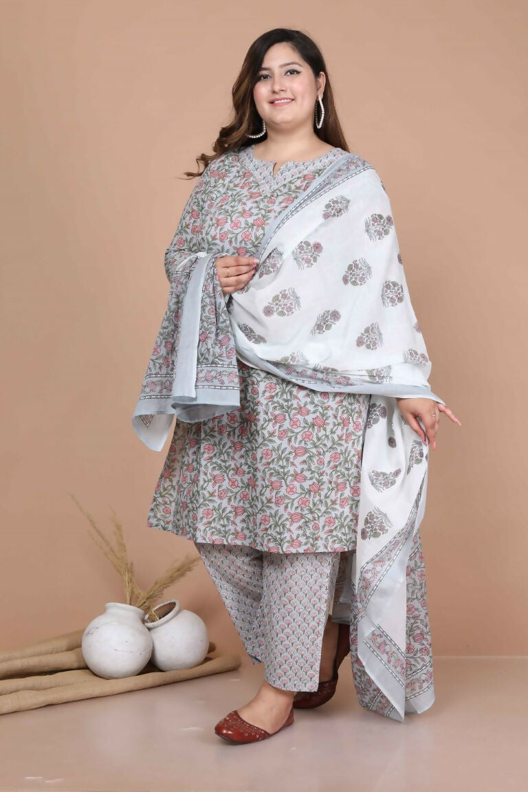 Miravan Women's Plus Size Blue Floral Printed Gota Patti Cotton Kurta With Palazzo And Dupatta Set