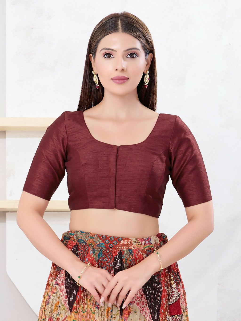 Joban Fashion Maroon Dupion Silk Elbow Sleeveless Front Open Blouse