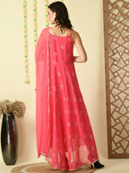 Myshka Women's Pink Georgette Sleeveless Flayered Party Kurta With Dupatta Set