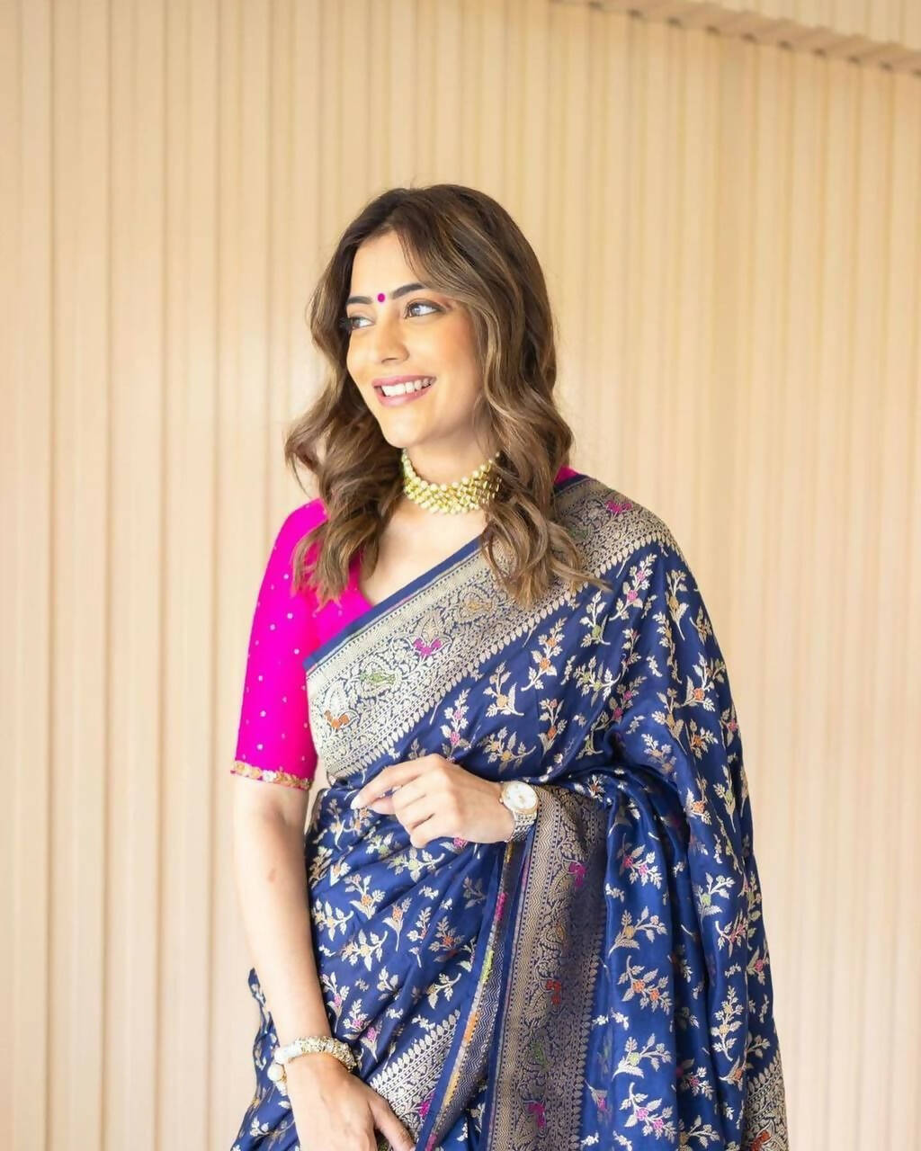 DEIANA'S Beautiful Designer Golden zari Soft Lichi Silk Saree - Navy Blue