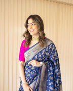 DEIANA'S Beautiful Designer Golden zari Soft Lichi Silk Saree - Navy Blue