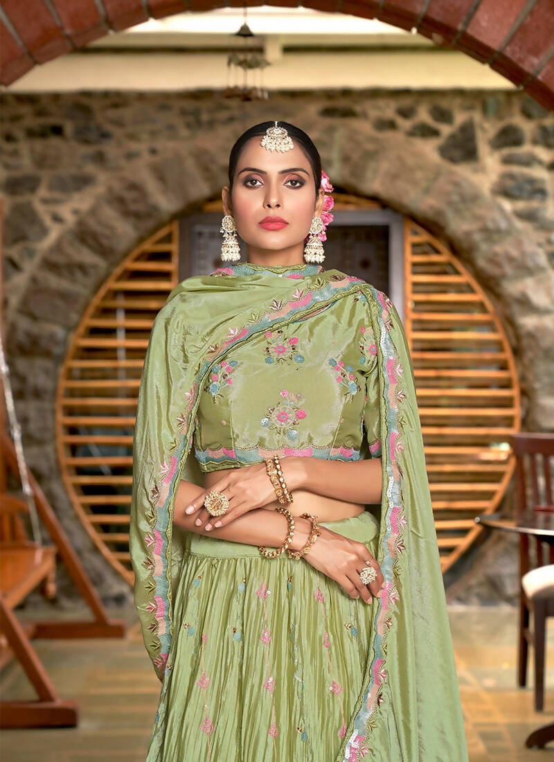 Green Chinon Crushed Sequence and Thread Embroidery Work Lehenga Choli with Dupatta - Viharini