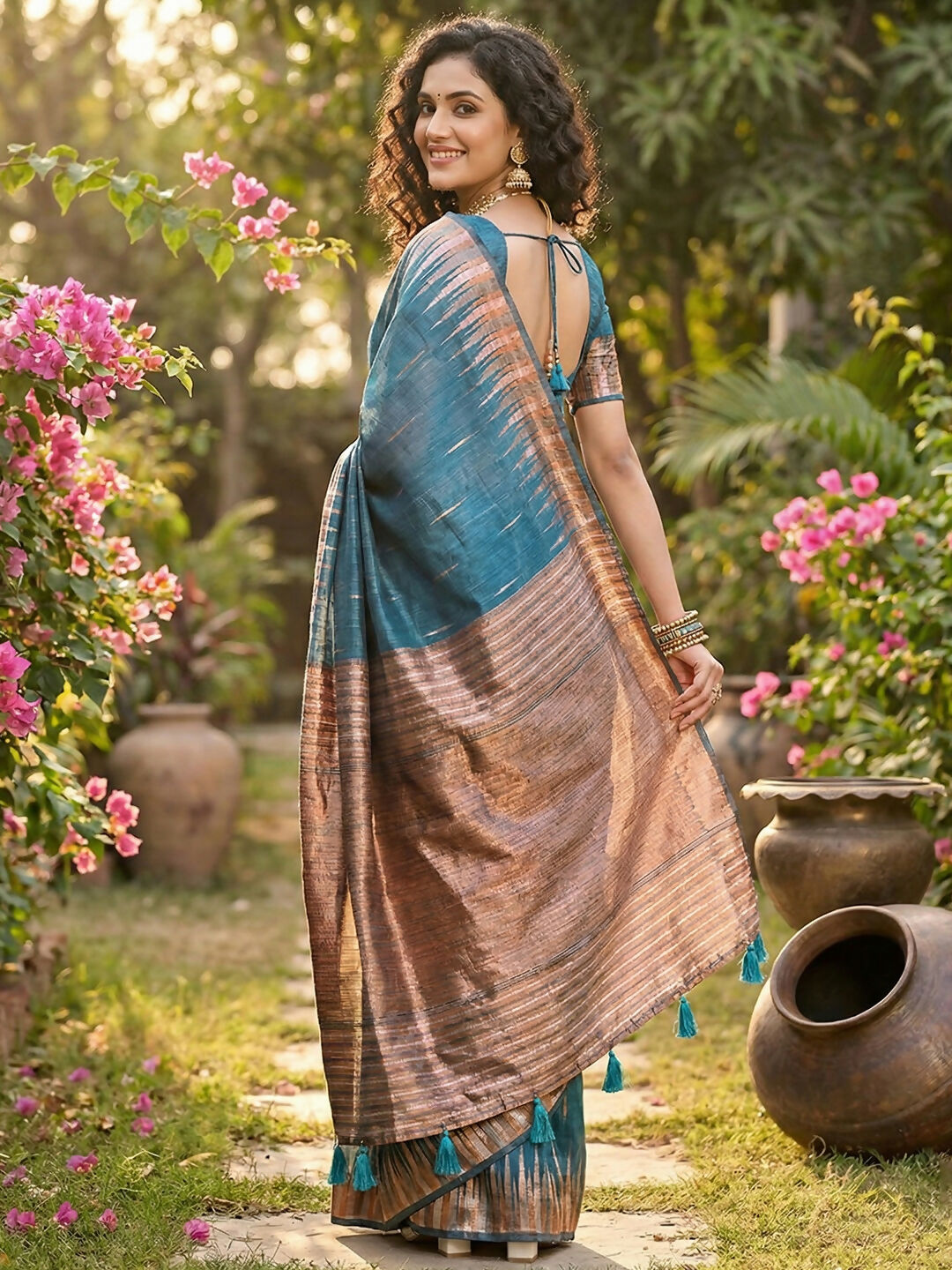 Shree Shyam Fashion Blue Linen Cotton Saree - Distacart