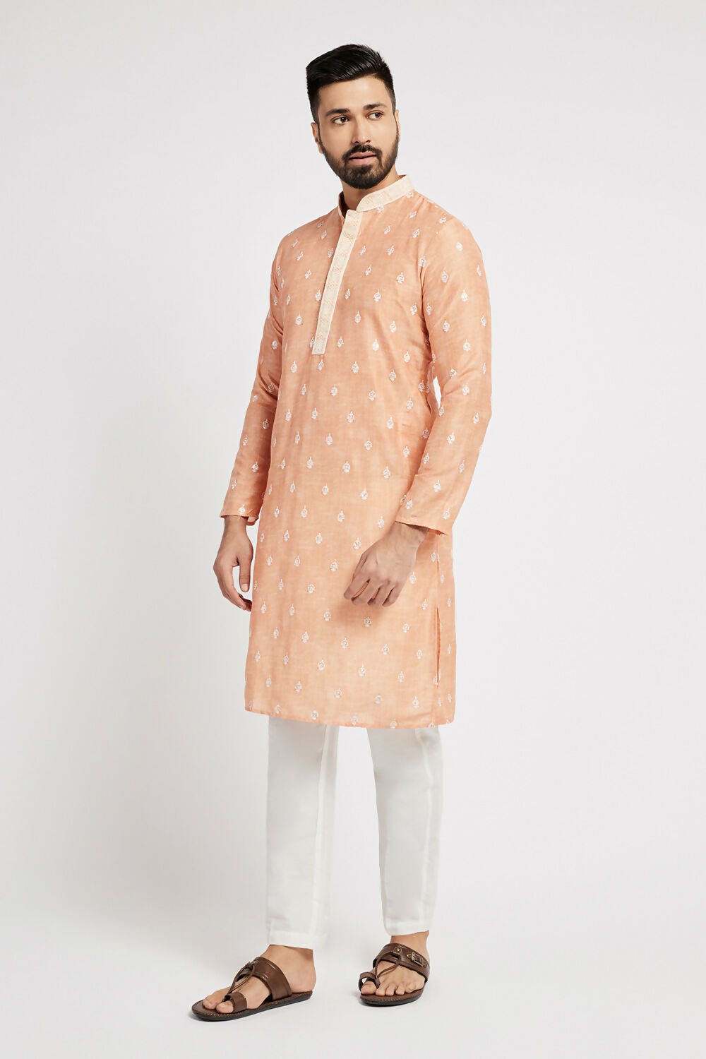Ethnic India Orange Men's Kurta Ethnic Motifs Polyester