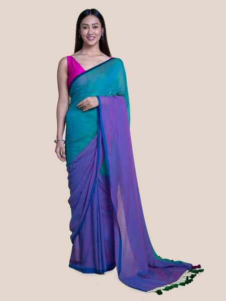 Suta Purple Green Colourblocked Mul Saree