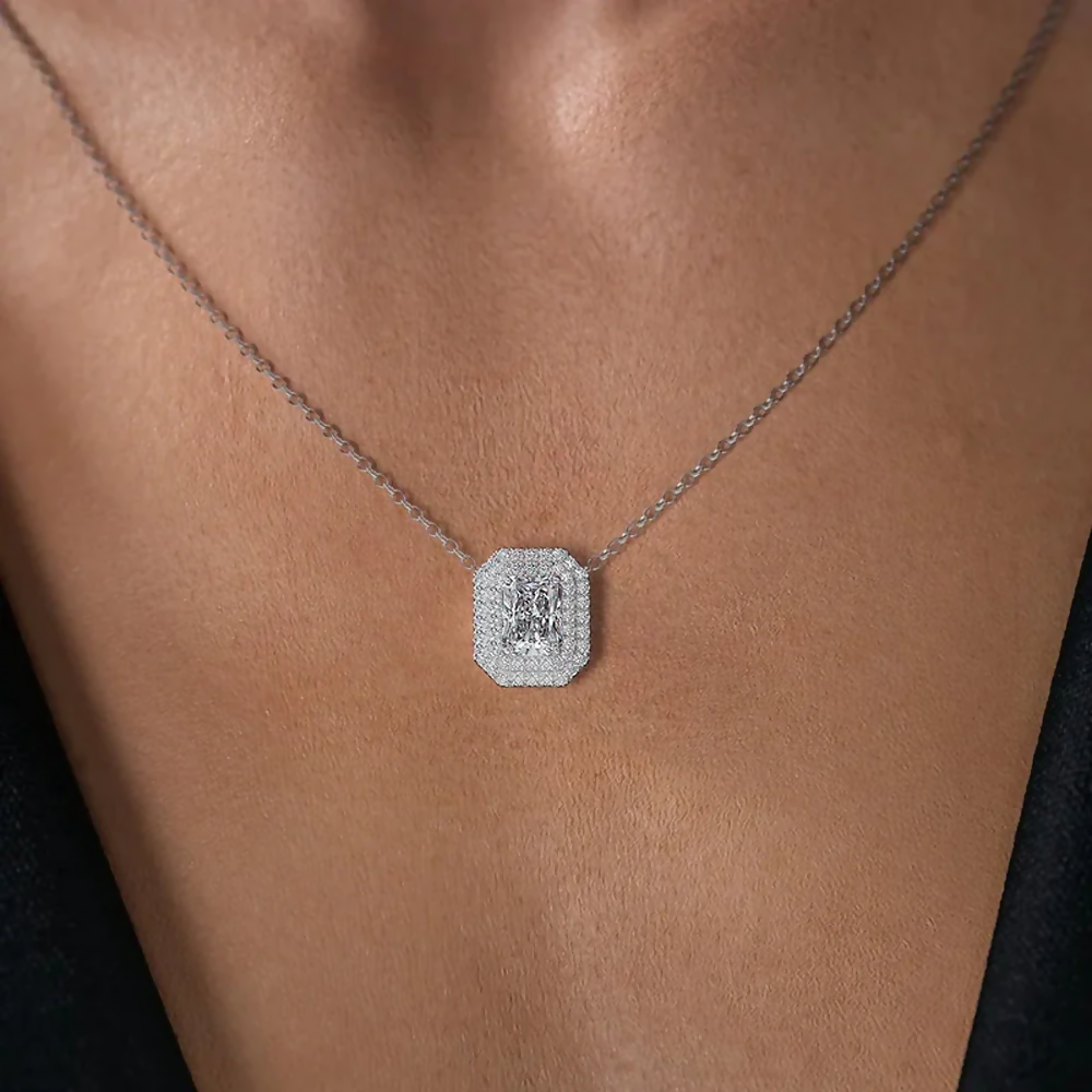 Cauer Elegant Radiant Moissanite Pendant Chain 14K Sterling Silver White Gold Plated - Distacart