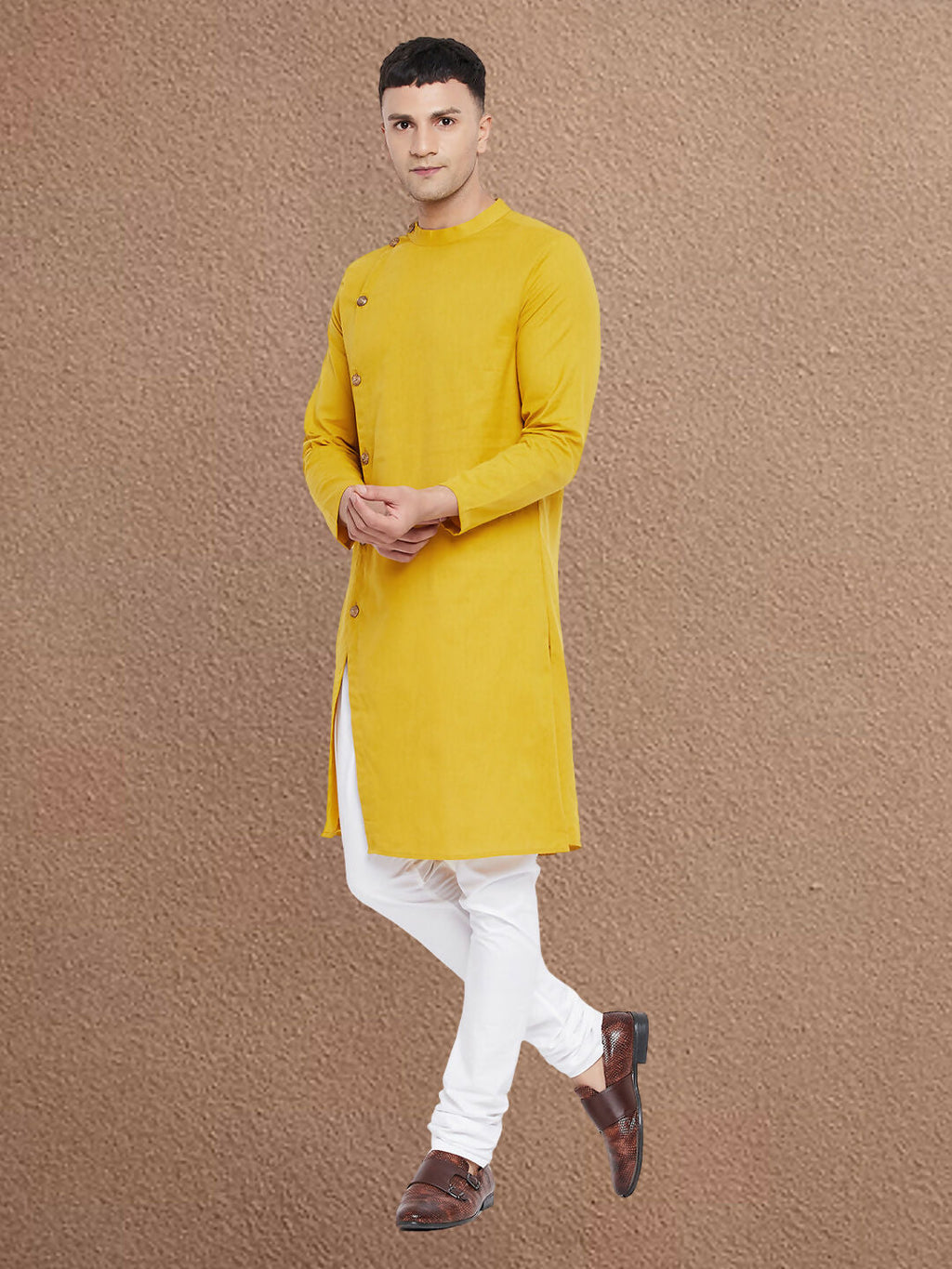 Even Apparels Men's Asymetrical Yellow Sherwani Kurta