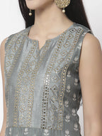 Myshka Women Grey Cotton Blend Printed Sleeveless Round Neck Kurta With Sharara & Dupatta Set