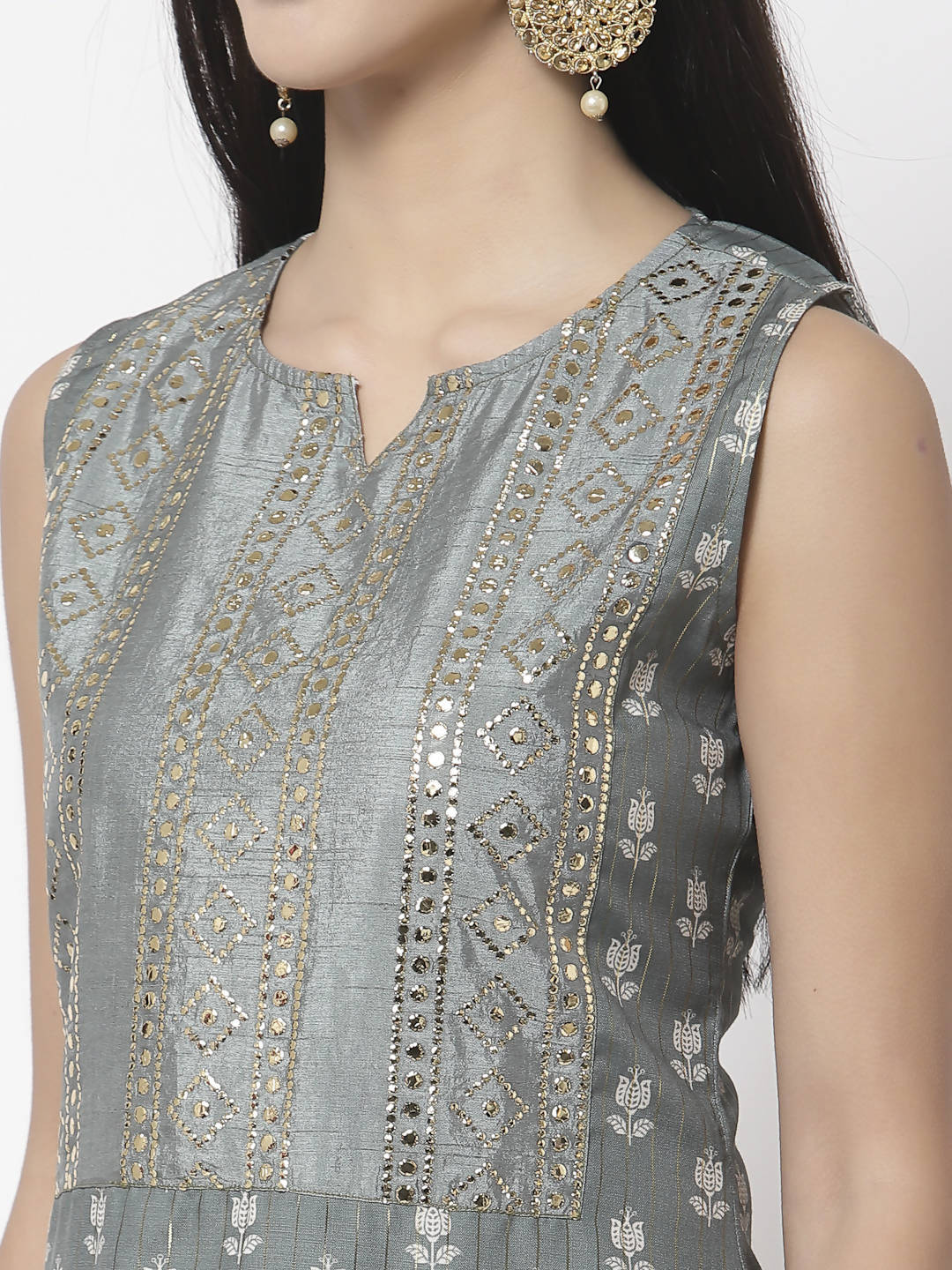 Myshka Women Grey Cotton Blend Printed Sleeveless Round Neck Kurta With Sharara & Dupatta Set