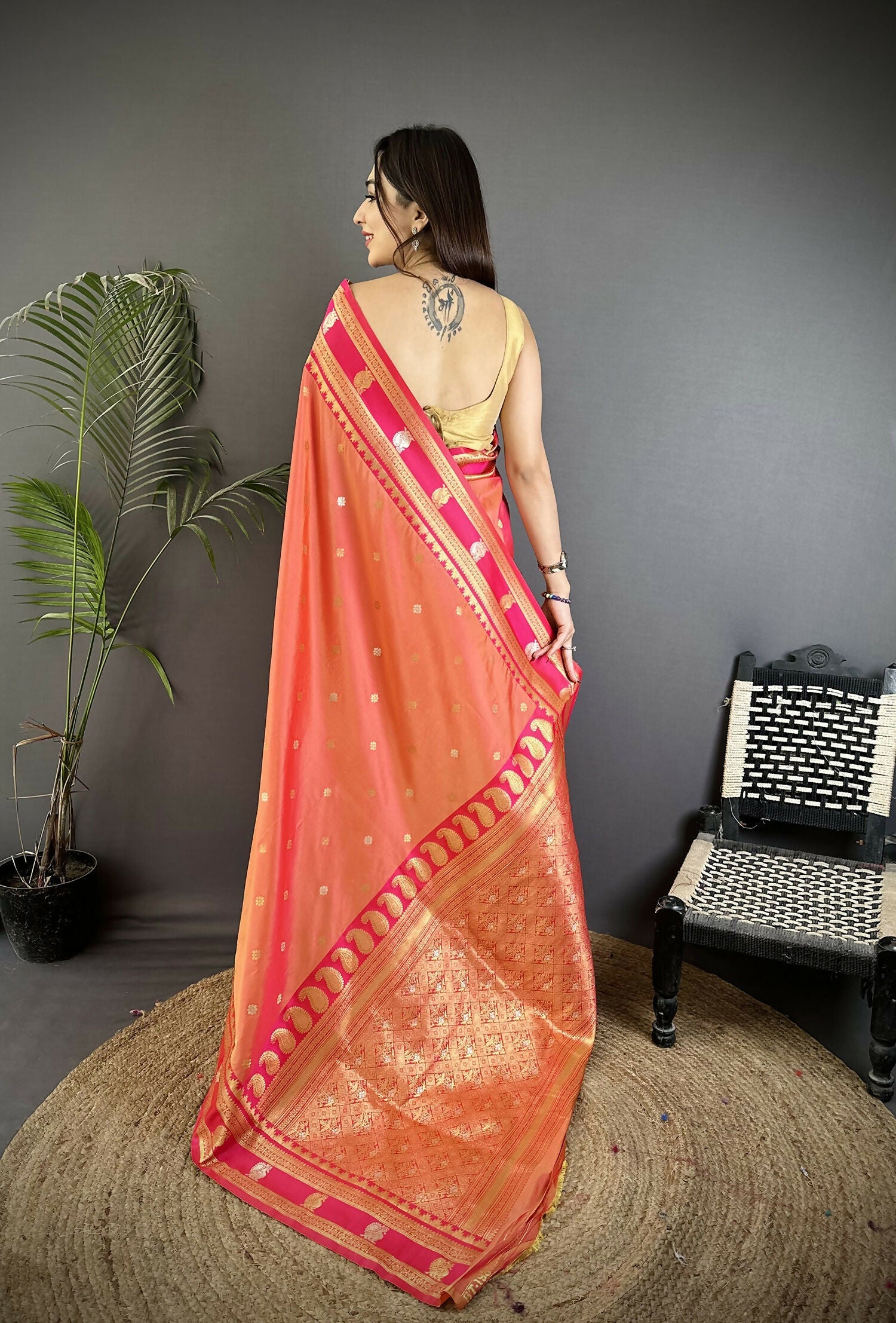 Joban Fashion Peach Banarasi Soft Silk Woven Saree - Distacart