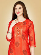 Jyoti Fashion Women's Orange Viscose Rayon Embroidered Kurta Pant Set