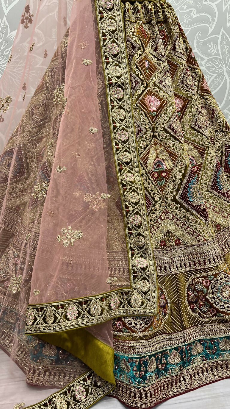 Jyoti Fashion Women's Mehendi Velvet Dori, Multi Thread Embroidered with Zircon Diamond Work Wedding Lehenga Choli