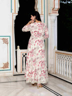 Miravan Women's Light Pink Cotton Gotapatti Birds And Leaf Floral Printed Anarkali Kurta