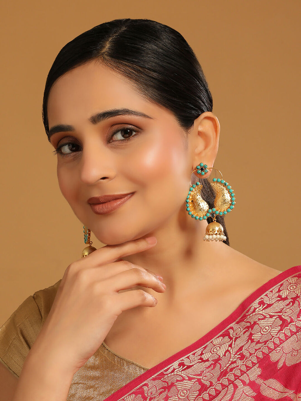 Nuyug 22K Gold Plated Turquoise Stone Studded Contemporary Mini Jhumki Dangler Earrings - Distacart