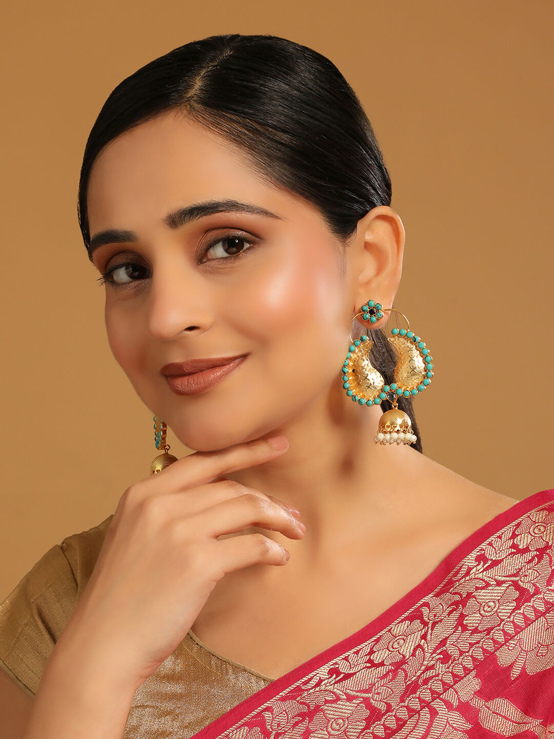 Nuyug 22K Gold Plated Turquoise Stone Studded Contemporary Mini Jhumki Dangler Earrings - Distacart