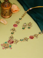 Ruby Raang Gold Polished Kundan Work Multi-Color Long Mint Stonework Necklace With Earrings