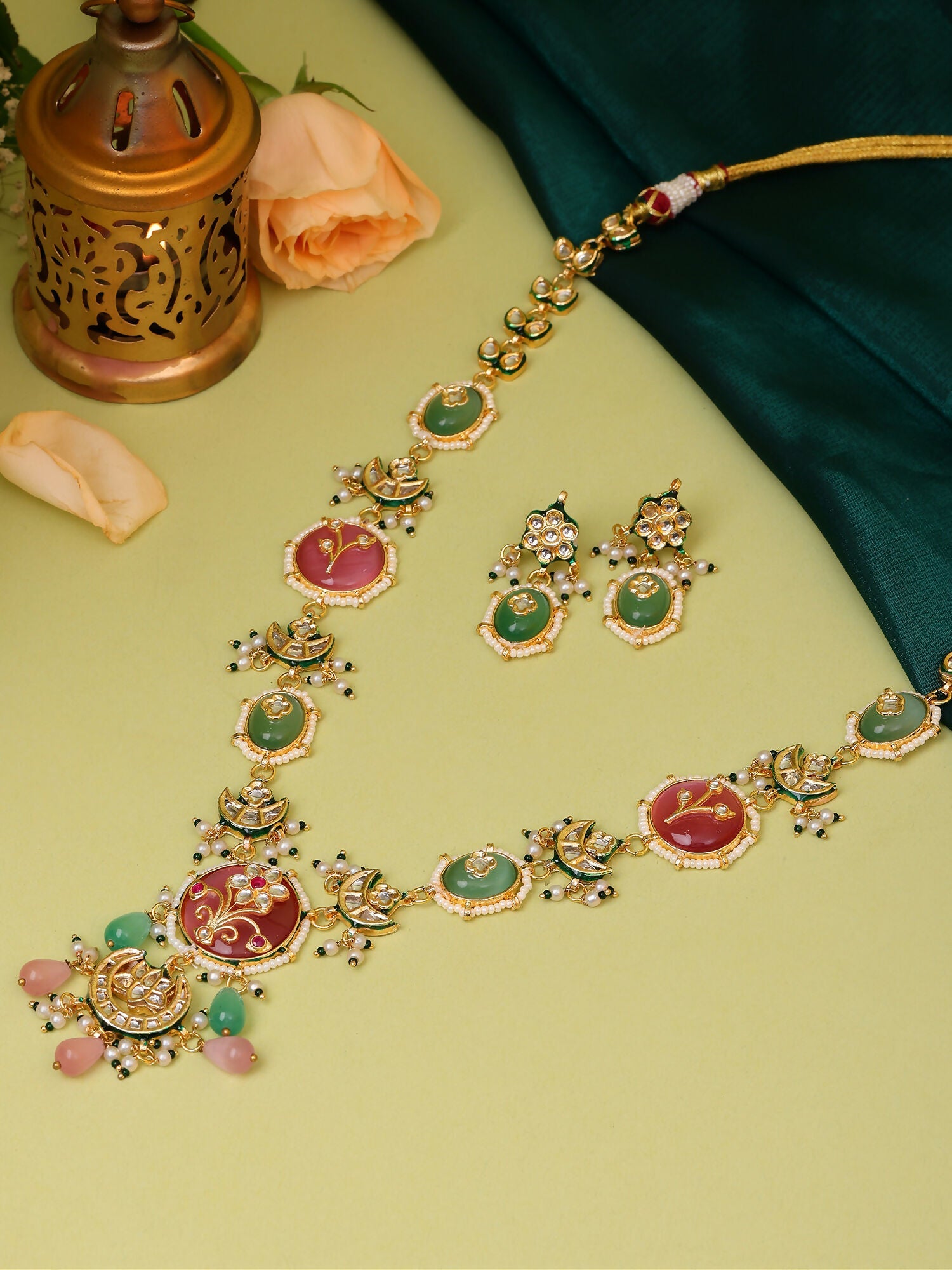 Ruby Raang Gold Polished Kundan Work Multi-Color Long Mint Stonework Necklace With Earrings