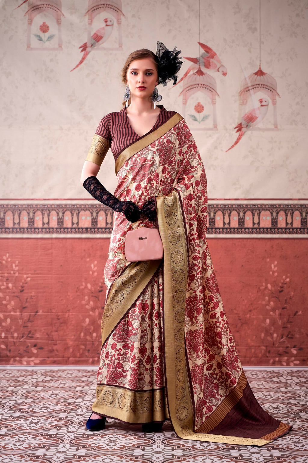 Vastranavya Pink Tussar Silk Printed with Viscose Border Saree & Unstitched Blouse - Distacart