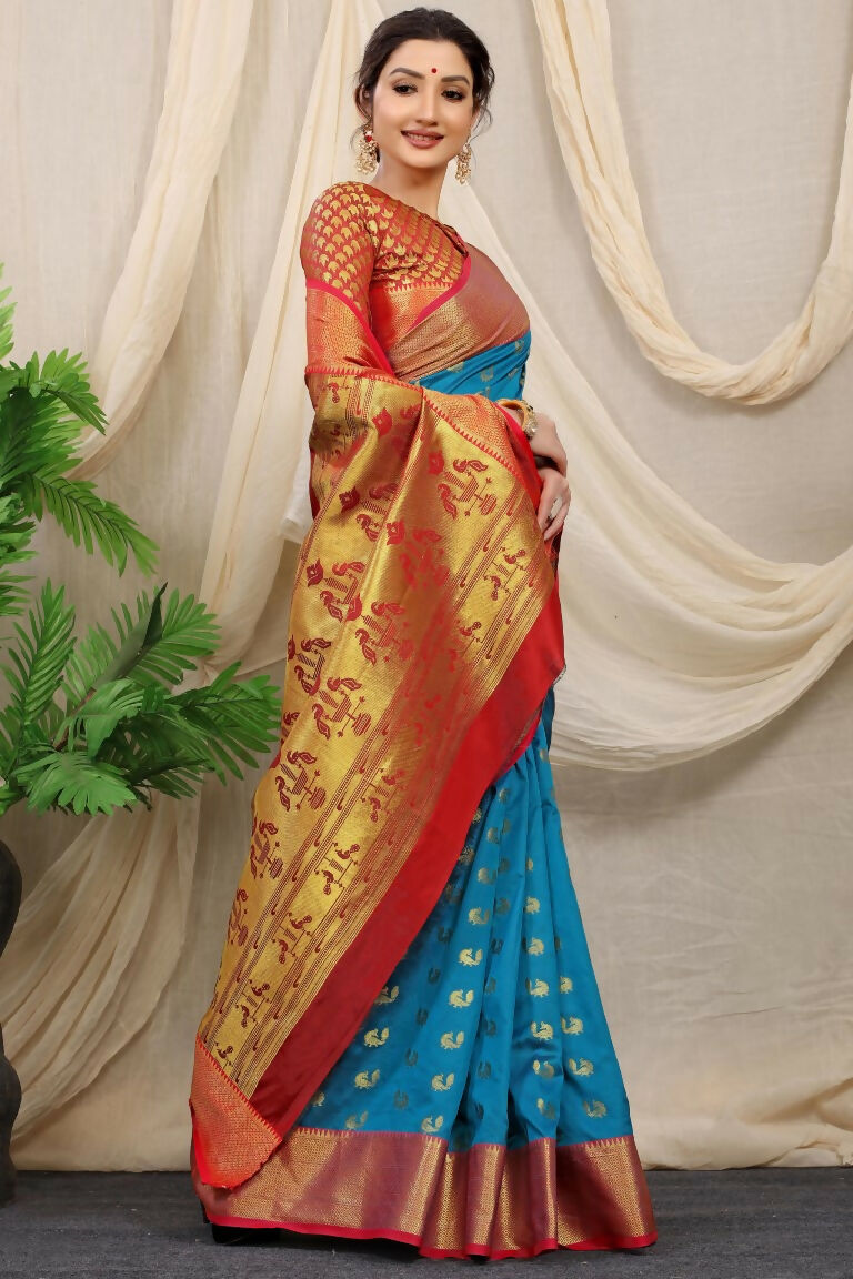 Jyoti Fashion Women's Firozi Banarasi Silk Zari Woven Saree with Blouse