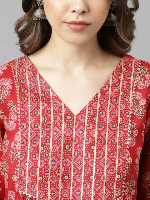 FIORRA Women's Red Cotton A-Line Kurta Set