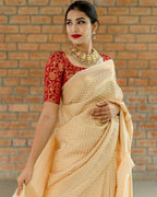 DEIANA'S Beautiful Designer Golden zari Soft Lichi Silk Saree - Cream