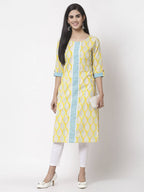 Myshka Women Yellow Cotton Printed 3/4 Sleeve Round Neck Kurta