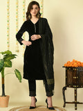 Myshka Women's Black Velvet Kurta & Trousers With Dupatta Party Sets