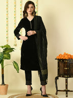 Myshka Women's Black Velvet Kurta & Trousers With Dupatta Party Sets
