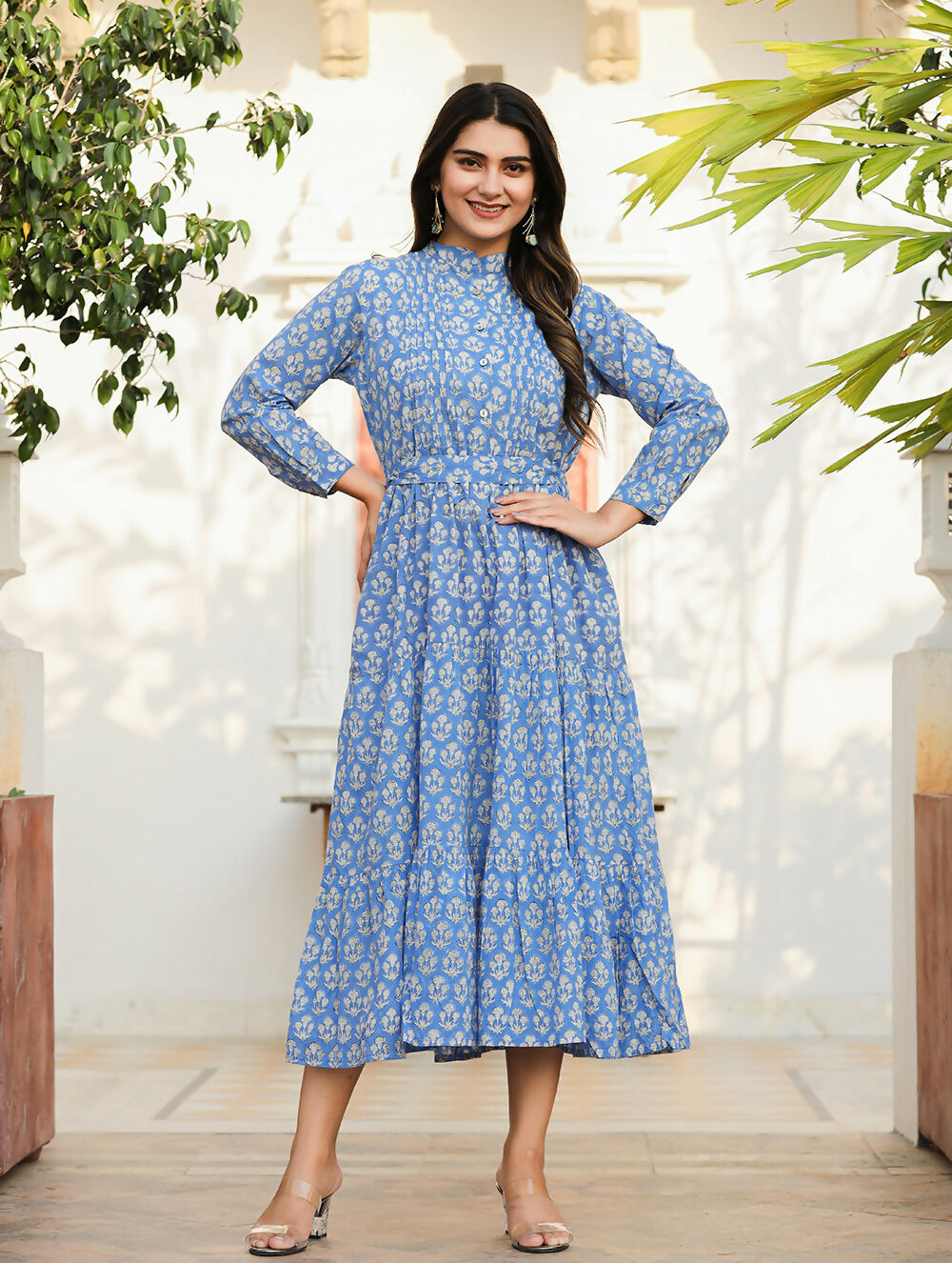 Kaajh Women's Blue Floral Handblock Print Cotton Dress - Distacart